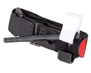 A tourniquet showing the windlass mechanism and the securing strap