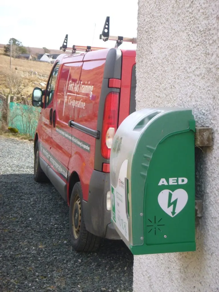 An AED on village hall