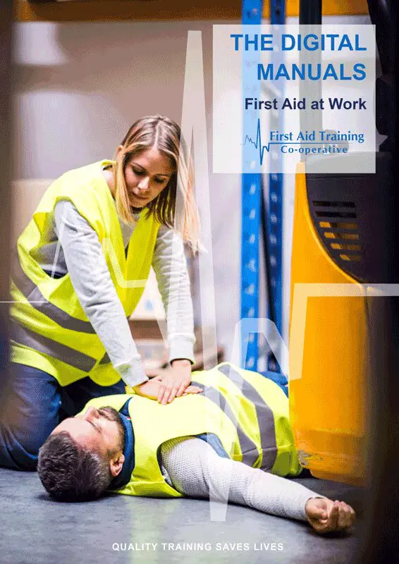 First Aid at Work manual cover - worked in high vis gives CPR to co-worker