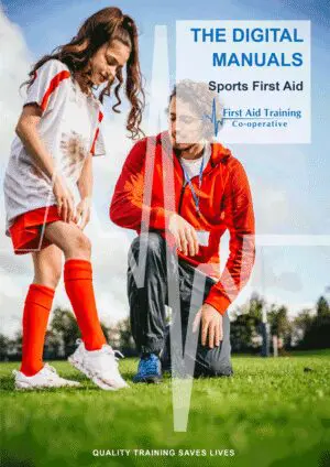 Fitness and Sports first aid manual cover showing soccer coach and young girl with knee injury