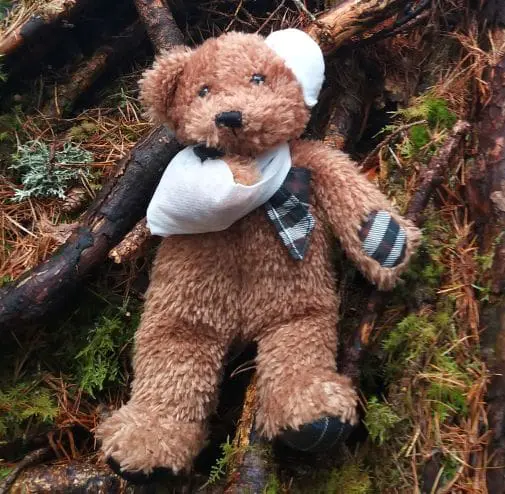 A teddy bear with its arm in a sling