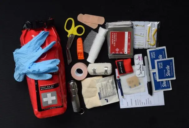 Outdoor first aid kit showing contents