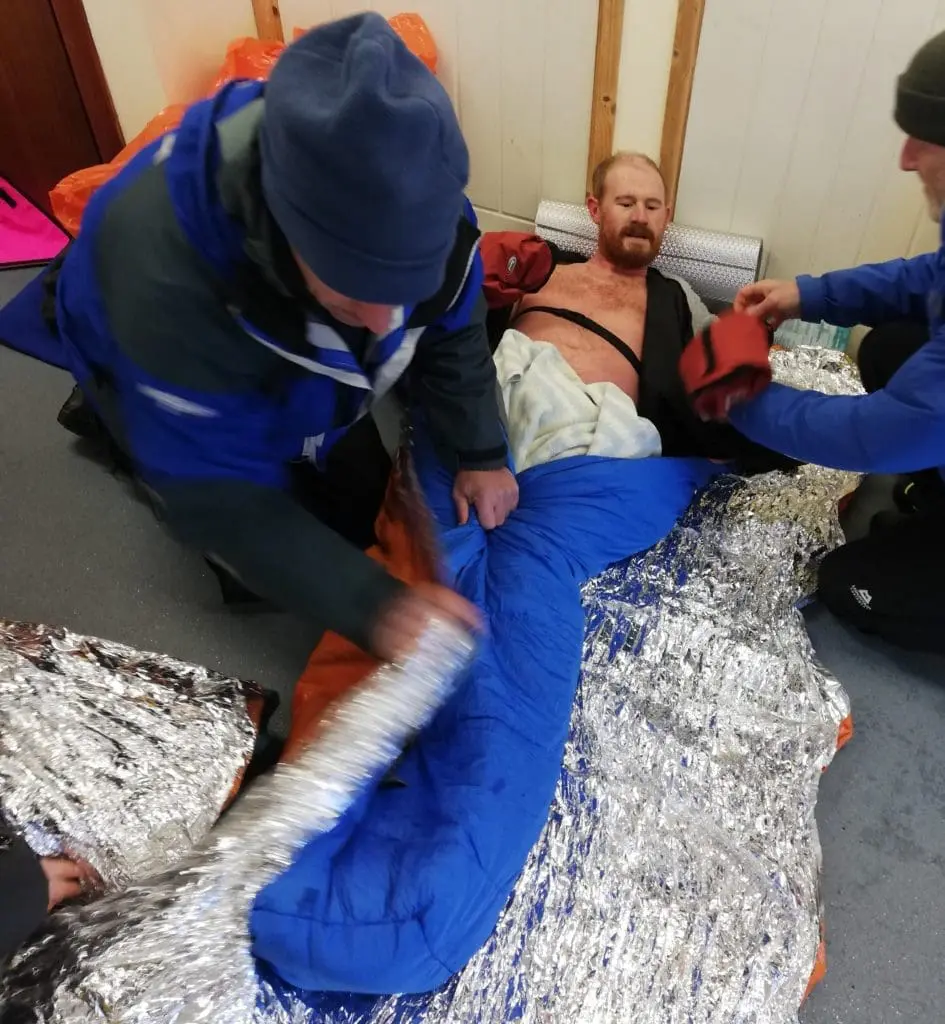 Wrapping a casualty in foil blankets etc
