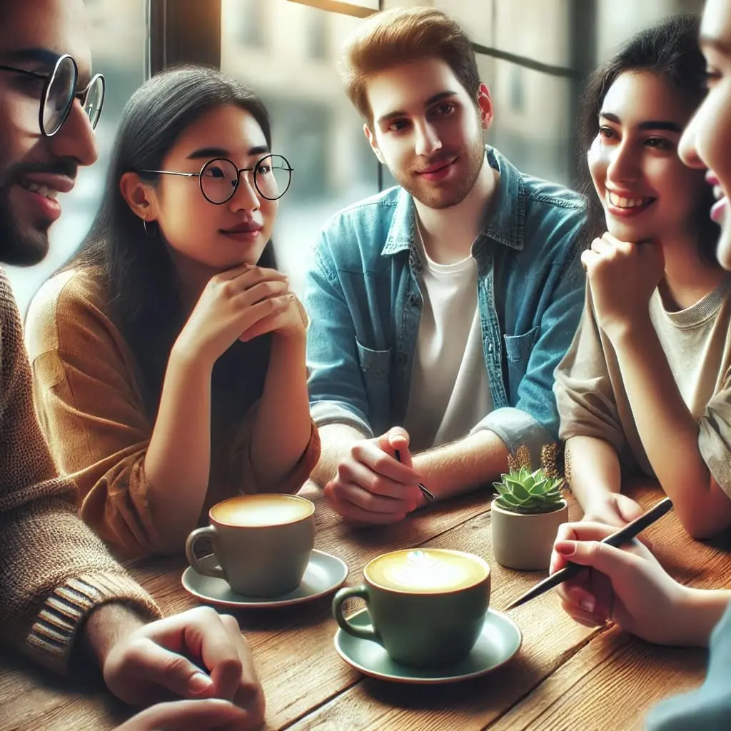 A group of people chatting during a coffee break.