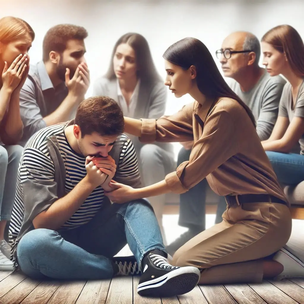 A man having a Panic Attack in an social setting, being helped by a woman.