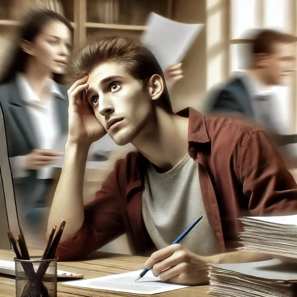 A man in office setting staring into the distance