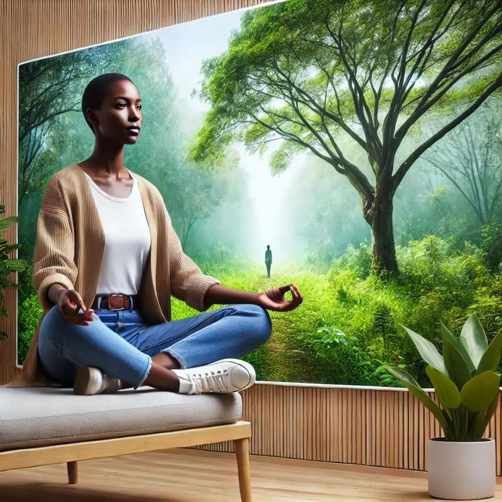 A woman meditating at home