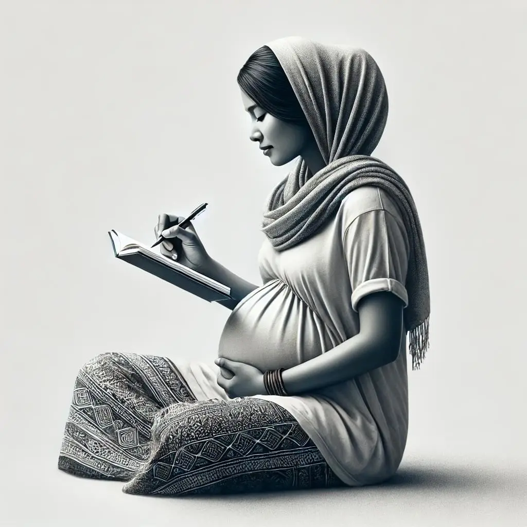 A pregnant woman writing in a journal