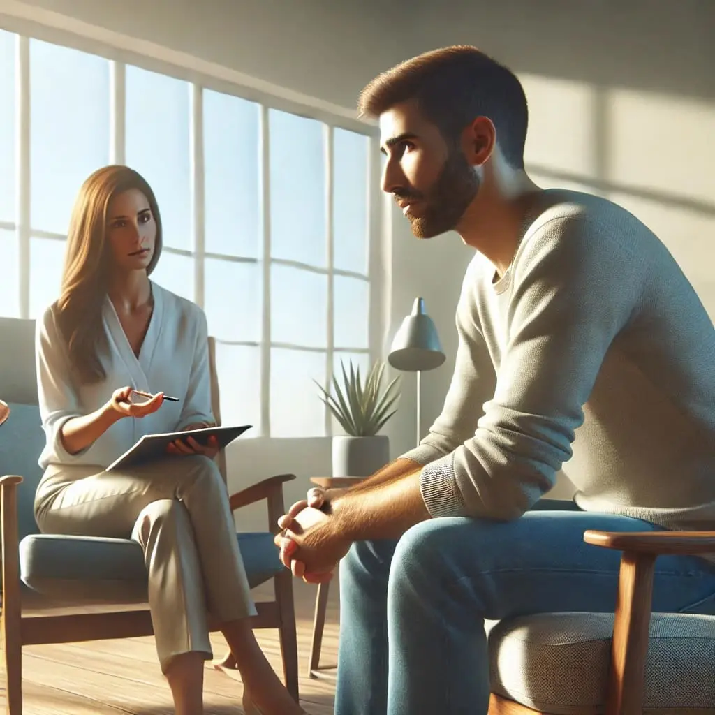 A woman counselling a man - signs and treatment of self-harm