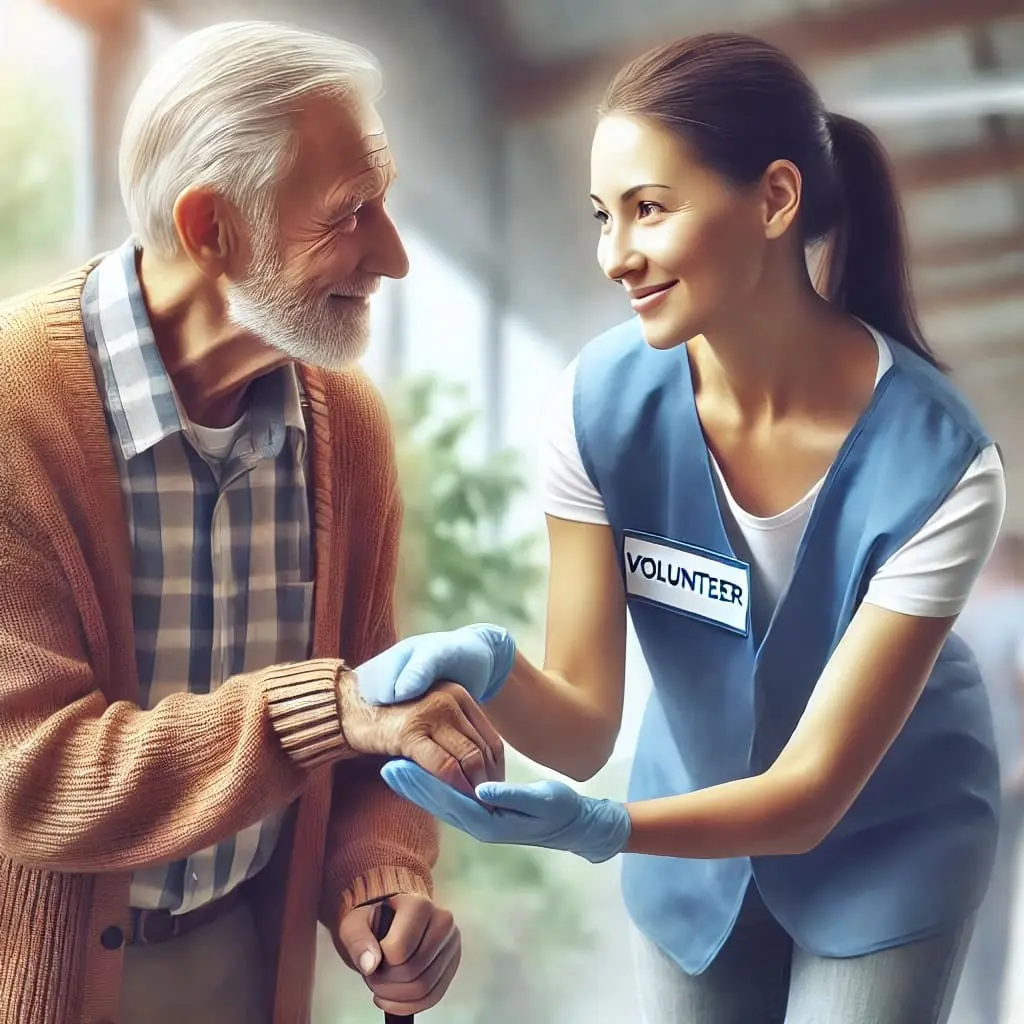 A woman volunteer helping an older man.