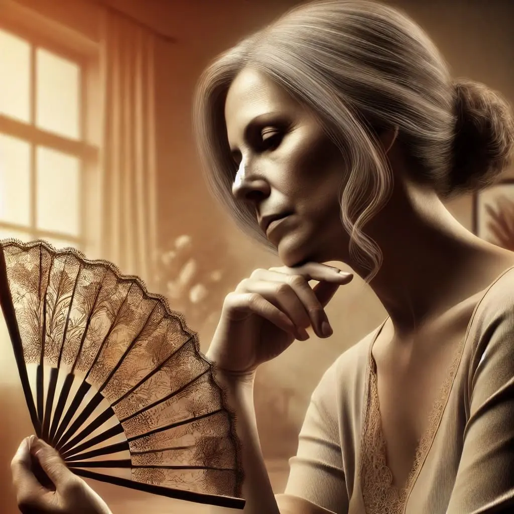 A woman using a fan to cool herself during menopause