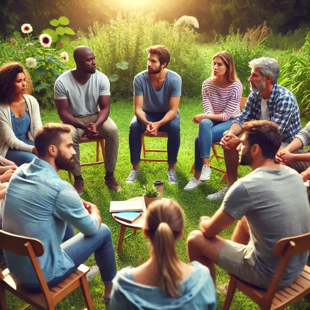 A groups of adults in a counselling session outdoors - self care