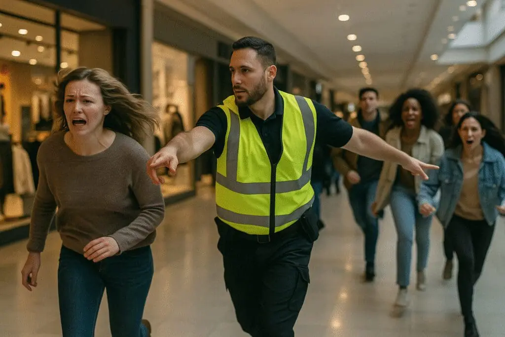 A woman being helped out of a shopping centre - Martyn's Law