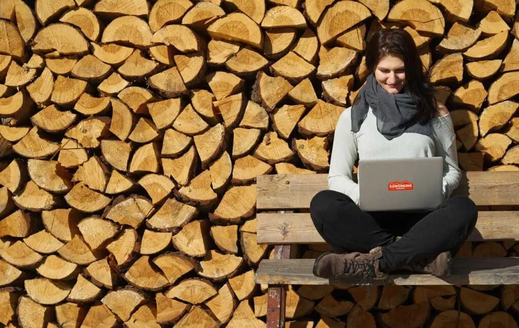 A woman sitting next to a woodpile using a laptop