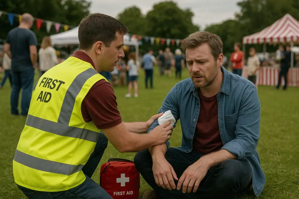 A man being treated by a first aider. Public Access Trauma Kit (PAcT)