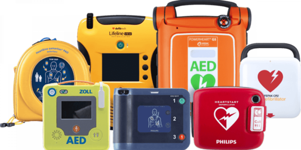 A selection of different models of defibrillators or AEDs