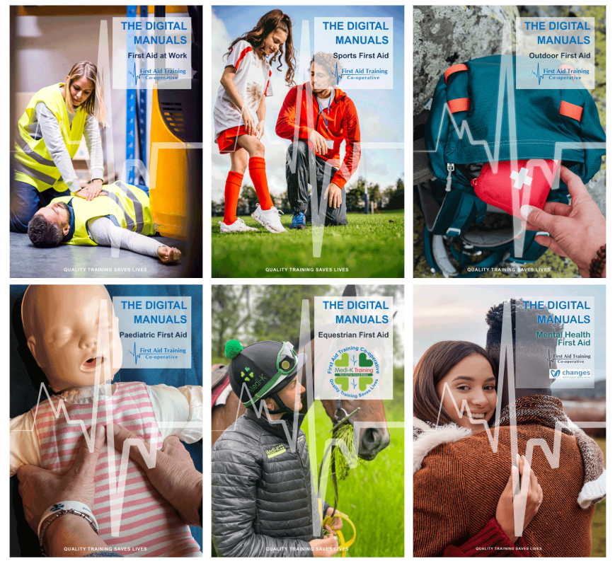 A 3x3 grid showing all 6 First Aid manual covers
